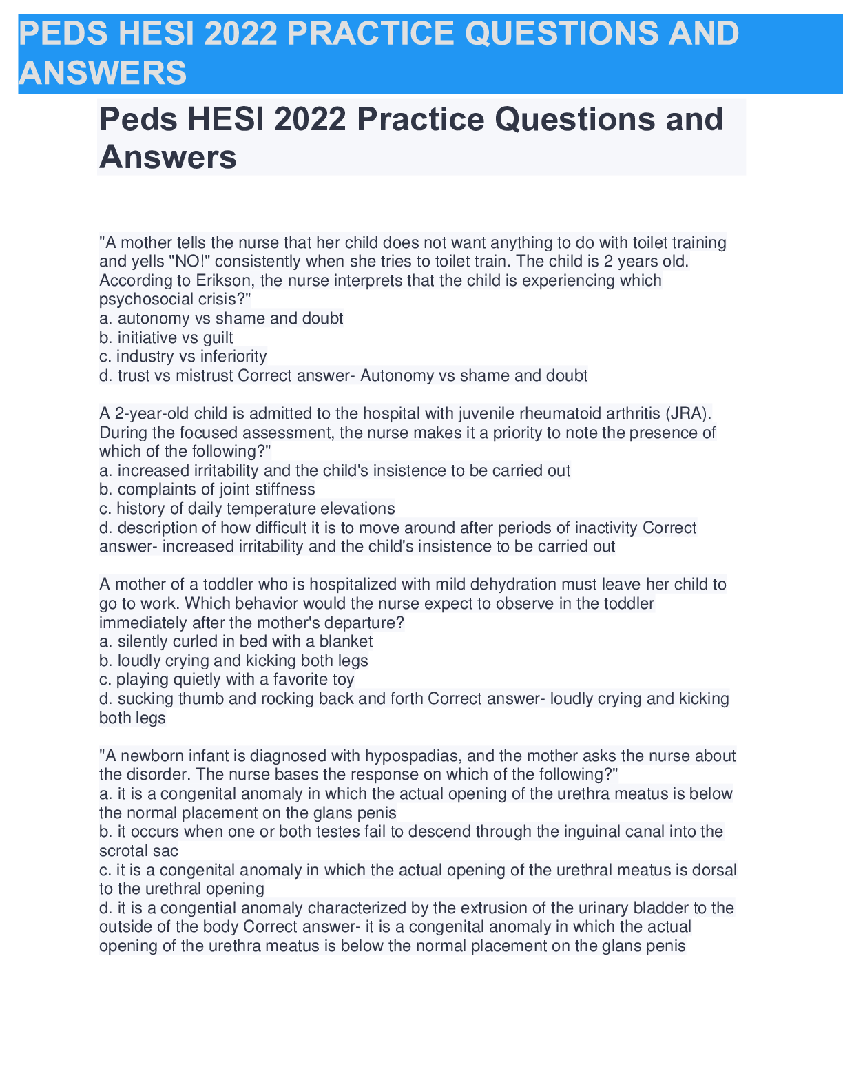 Preview image for Peds HESI 2022 Practice Questions and Answers